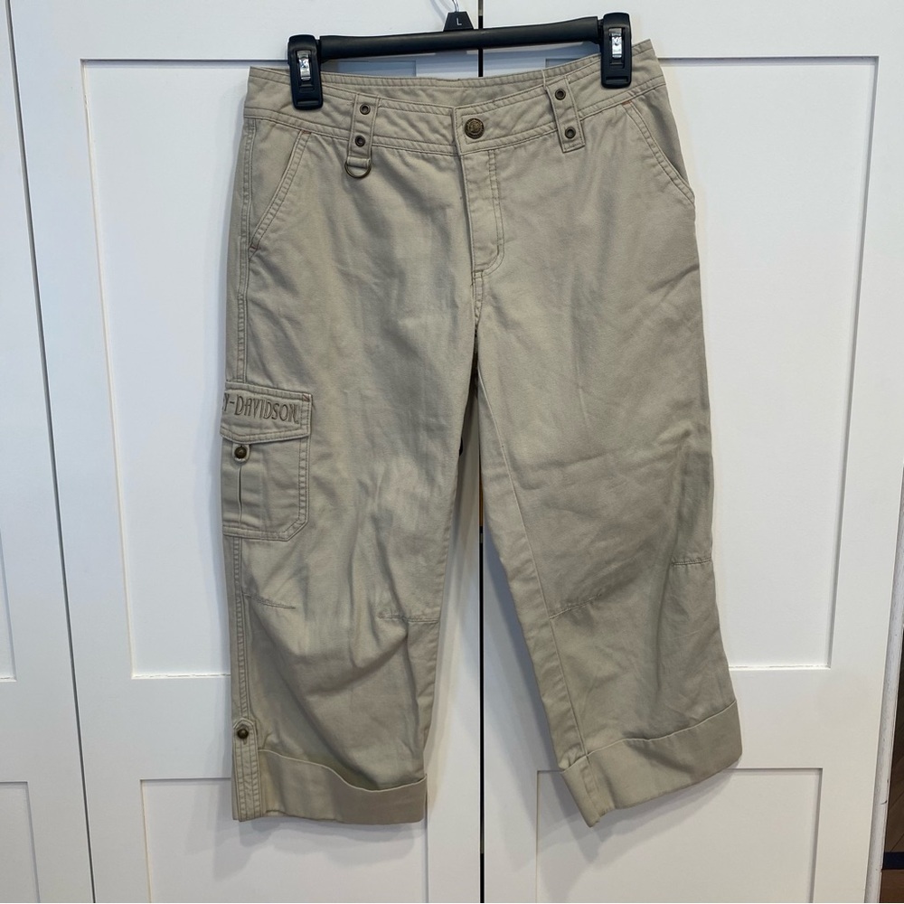 Harley Davidson Pants Womens 4 Khaki Cargo Capri Roll Tab Biker Embroidered Logo